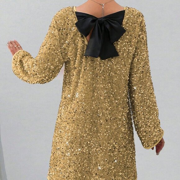 Gold Party Women's Elegant Pearl Bow Christmas Dress - Picture 3 of 5